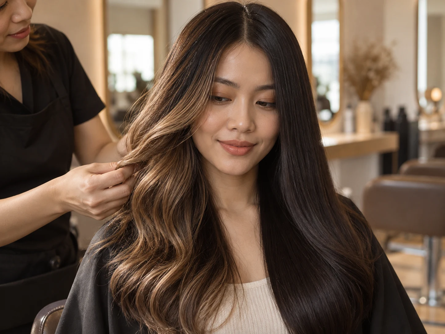 Comparison of soft sun-kissed balayage ends beside a uniform all-over hair colour