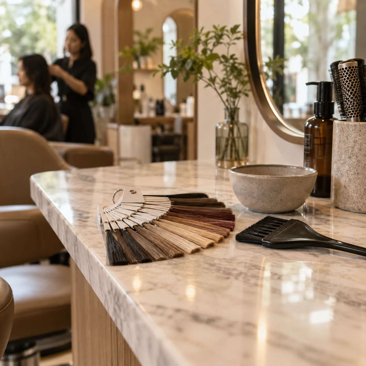 Hair colour swatch fan and tint brush on a salon counter