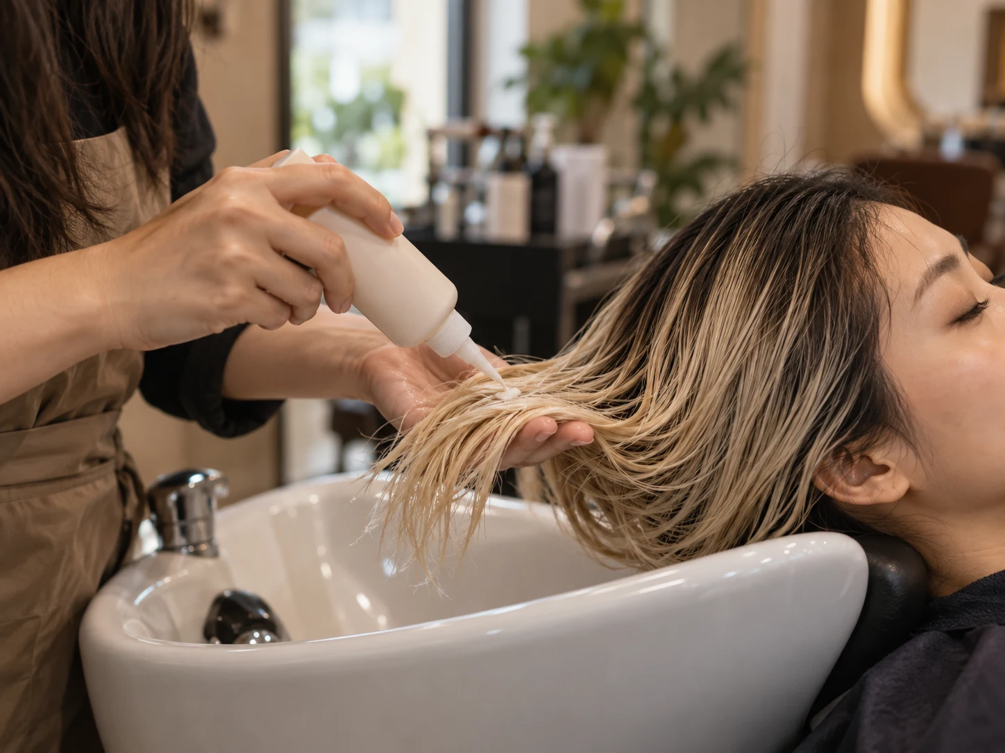 Bond-repair treatment applied to bleached hair ends at a salon basin