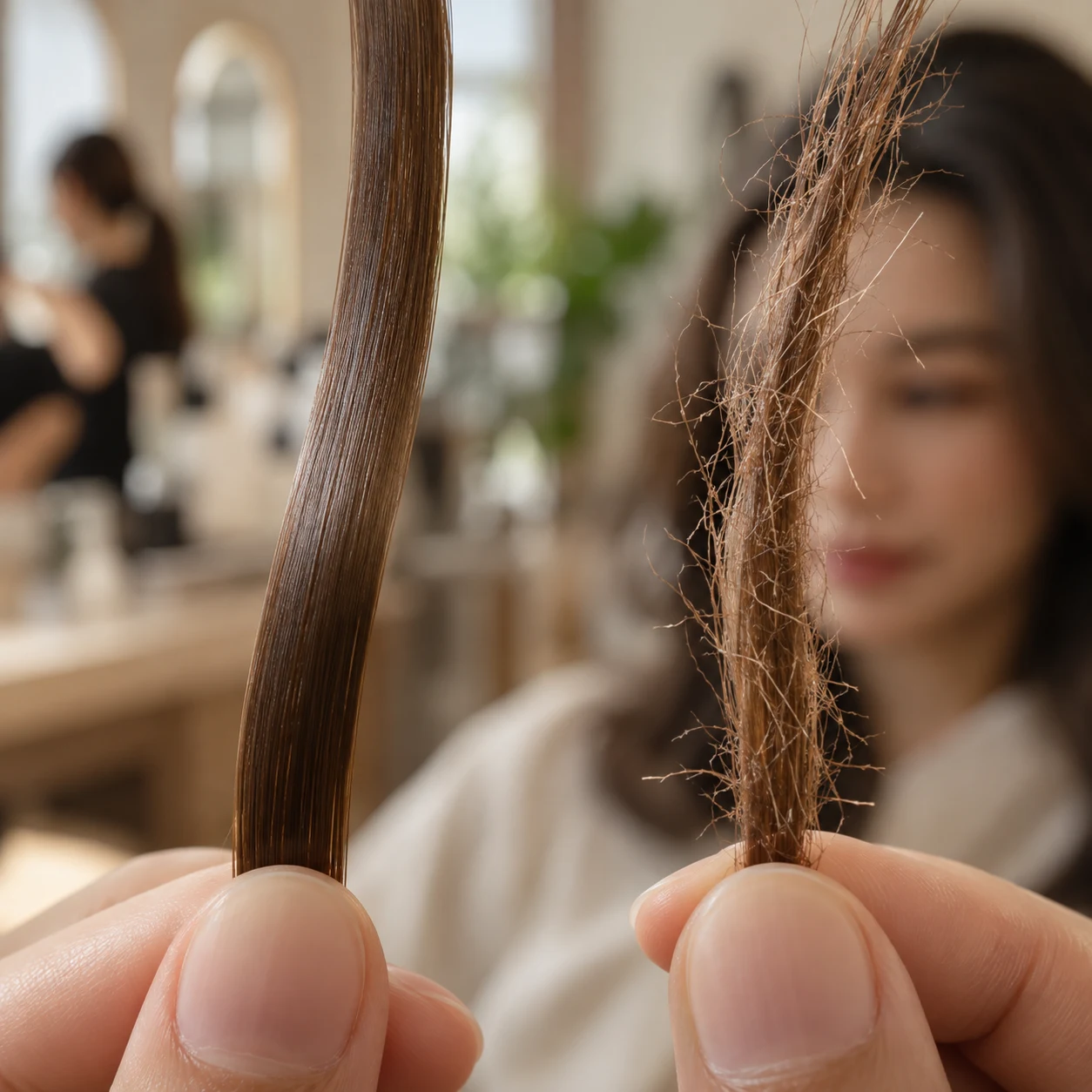 Close-up contrast of a smooth hair strand versus a damaged one