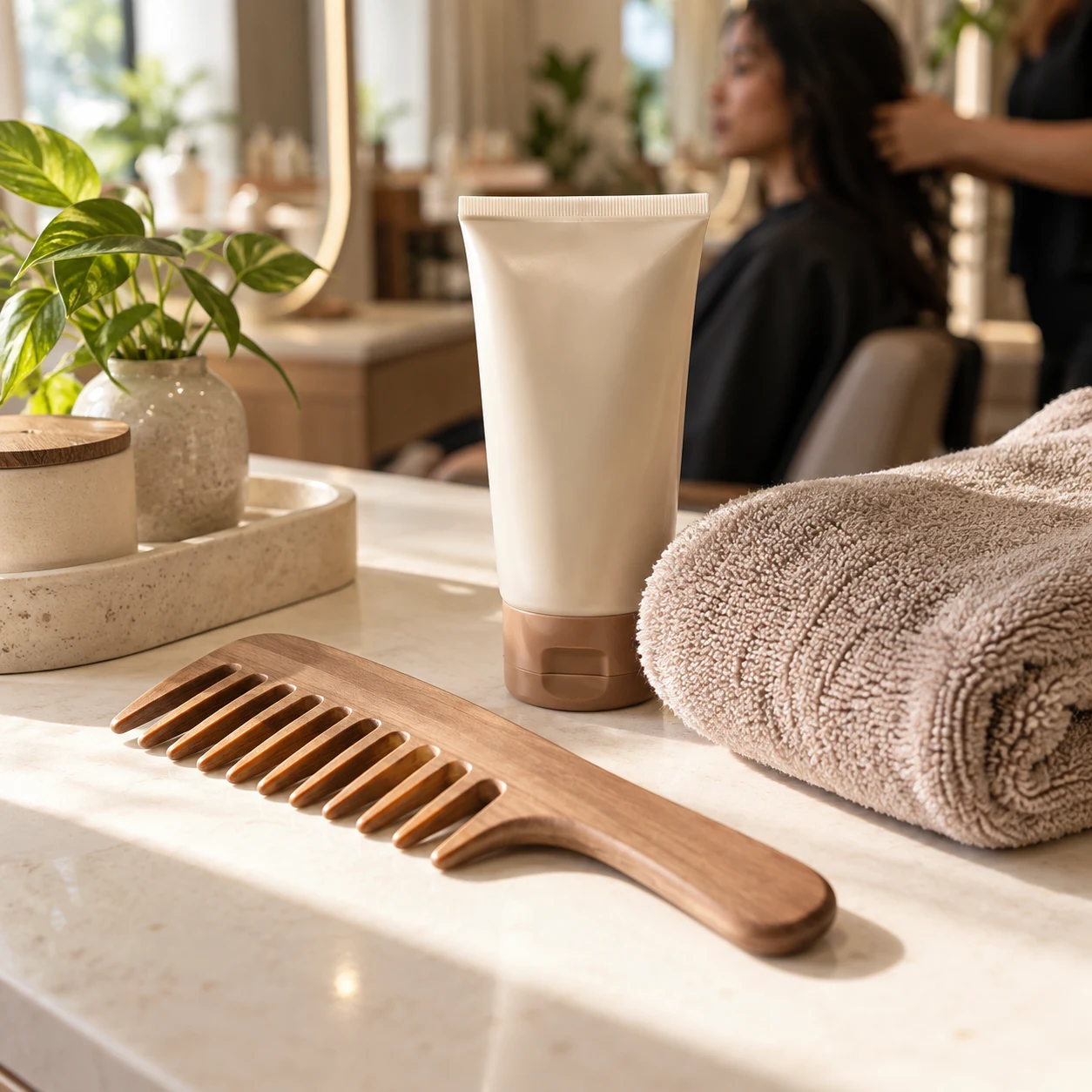Wide-tooth comb, curl cream and a microfibre towel for perm aftercare