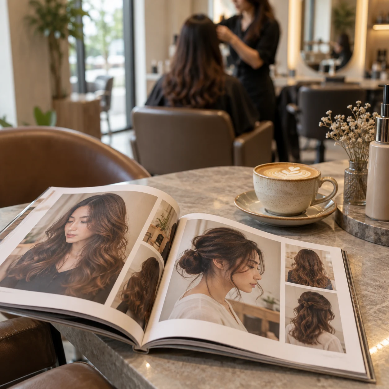 An open hairstyle lookbook on a salon table