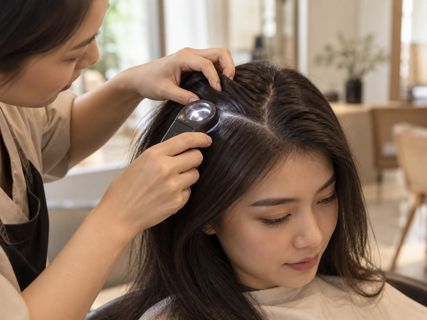 Scalp analysis with hair gently sectioned to examine the scalp