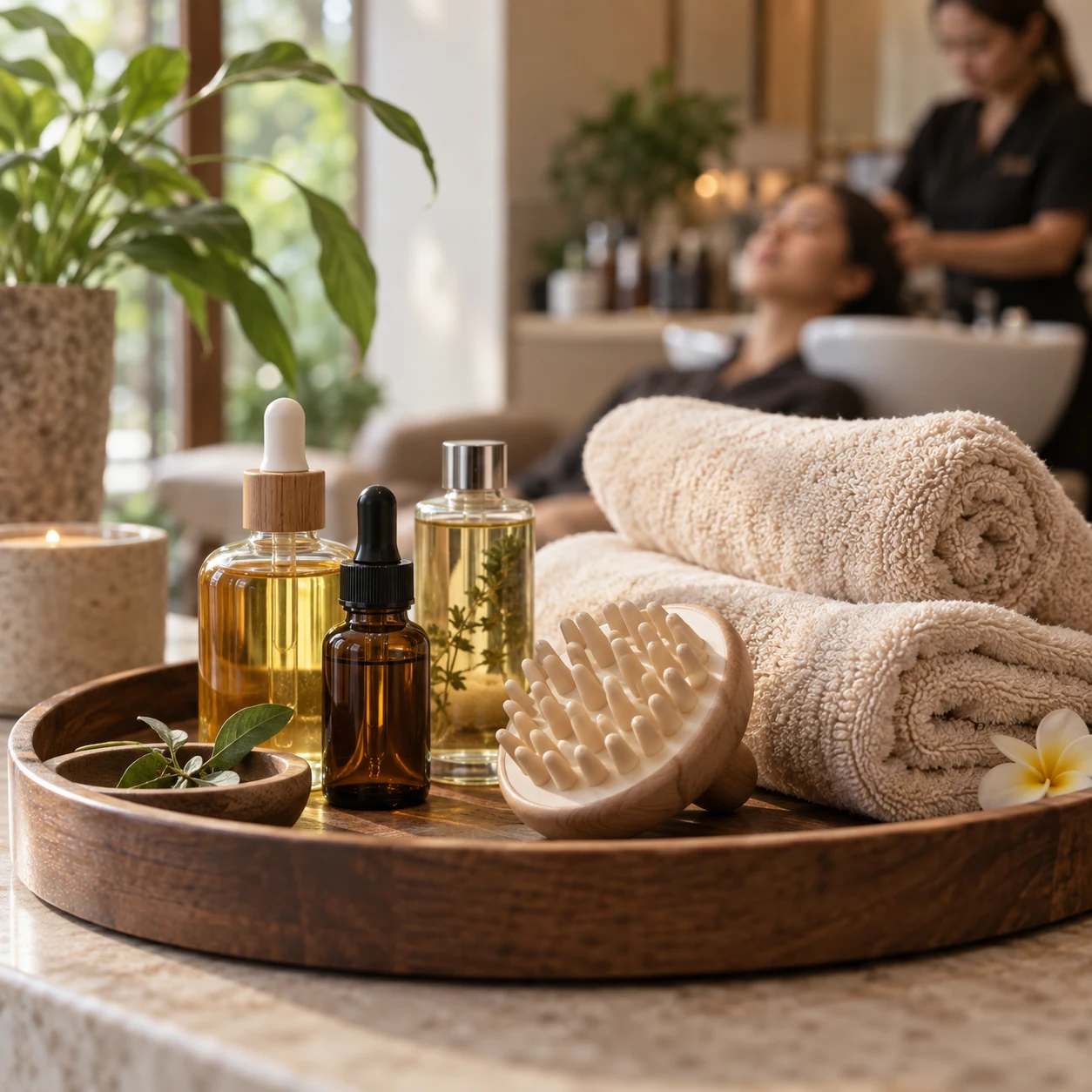 Tray of scalp-care oils, a scalp brush and warm towels