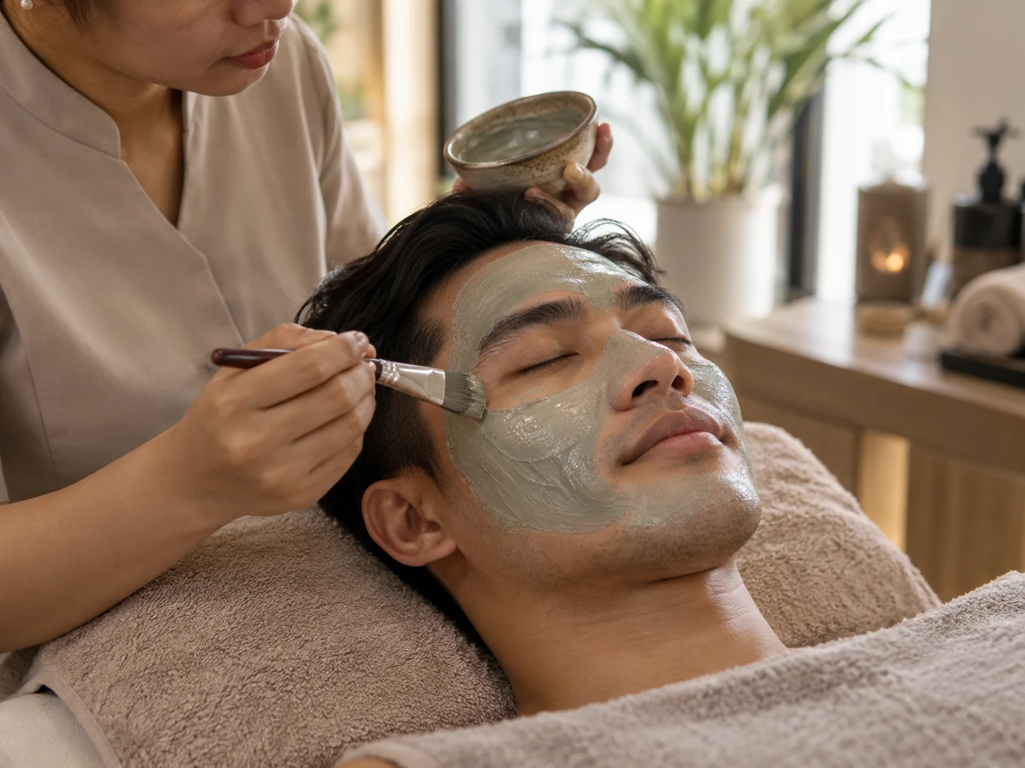 A calming facial mask being applied during a men's facial