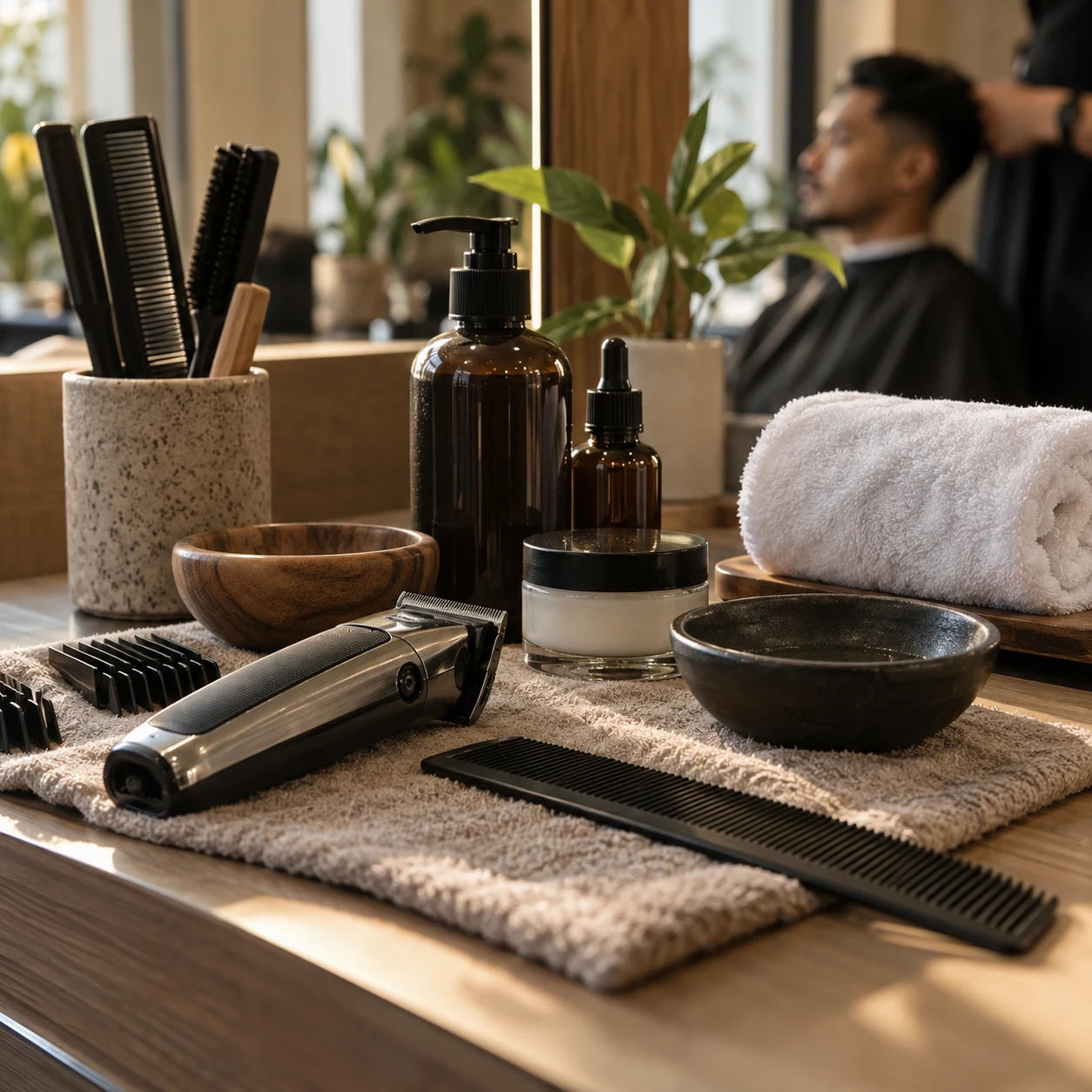 Men's grooming flatlay with clippers, comb, hot towel and skincare