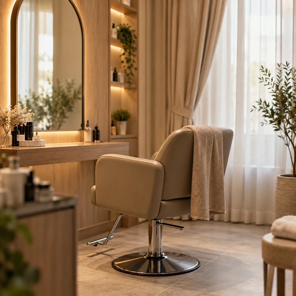 A serene private salon corner with a single chair and soft drapes
