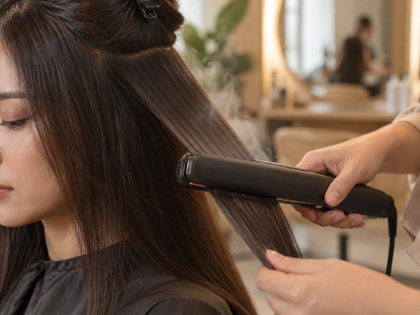 A flat iron gliding through a treated section of smooth hair