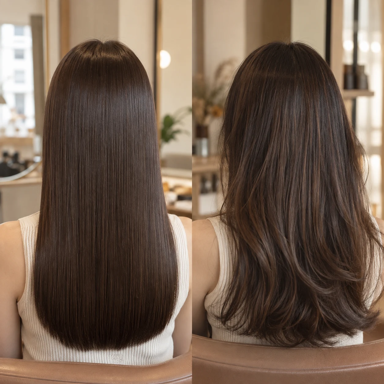 Two hair swatches comparing pin-straight and naturally smoothed hair