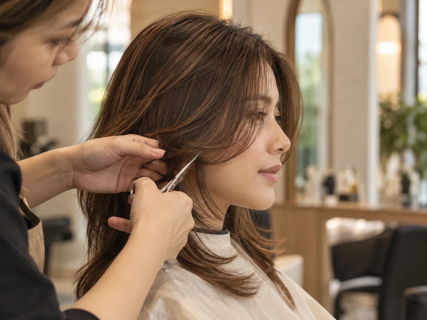 A fresh layered haircut being shaped with scissors around the face