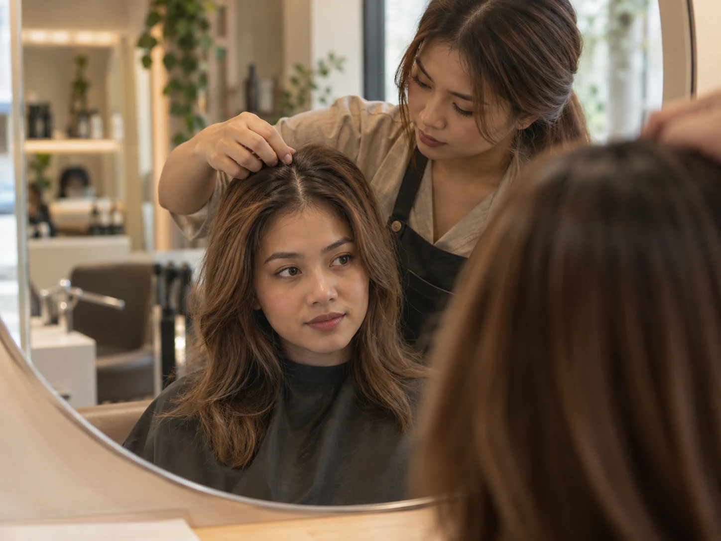 A stylist assessing the regrowth line at the roots in a mirror