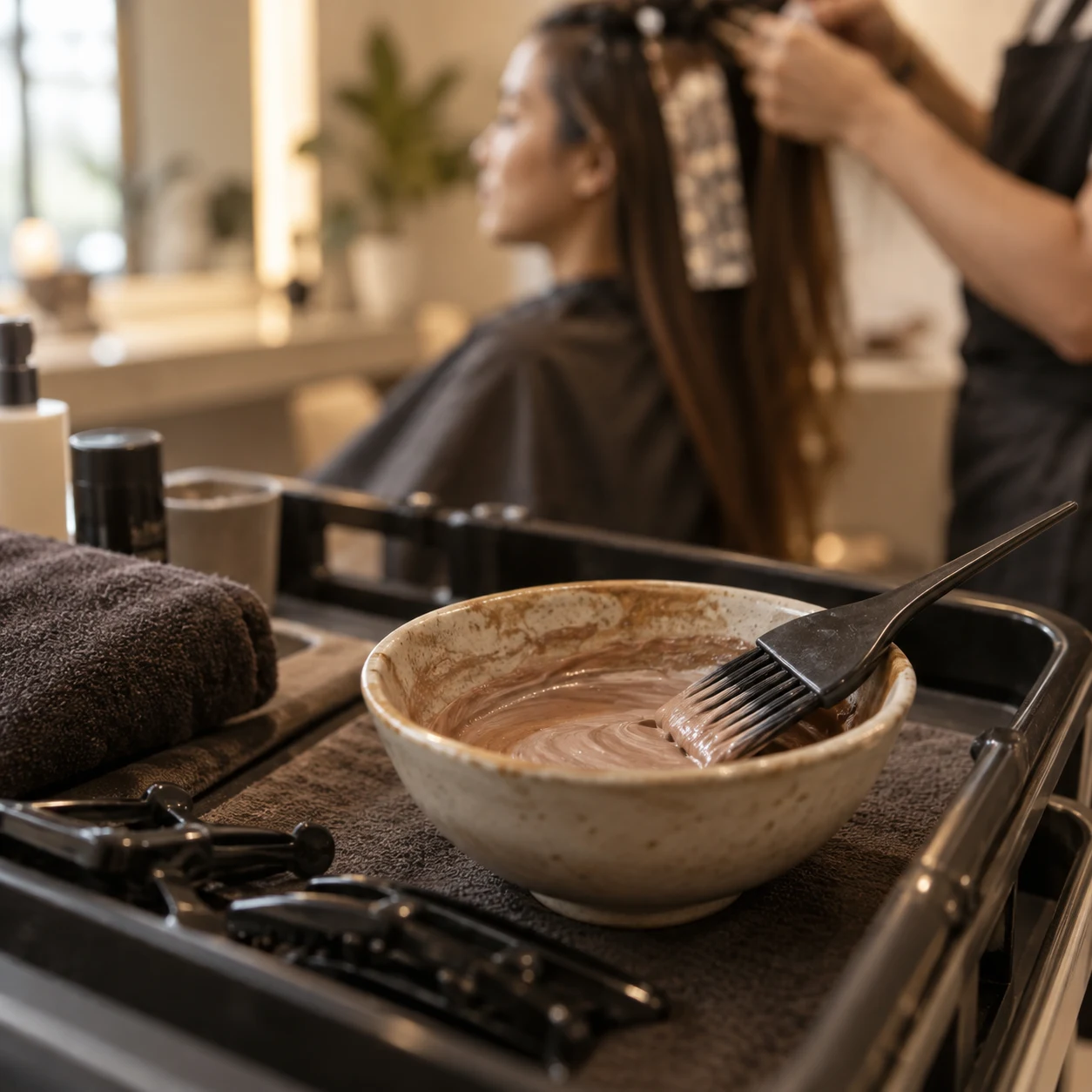 A dish of colour mix and a fine tint brush on a salon trolley