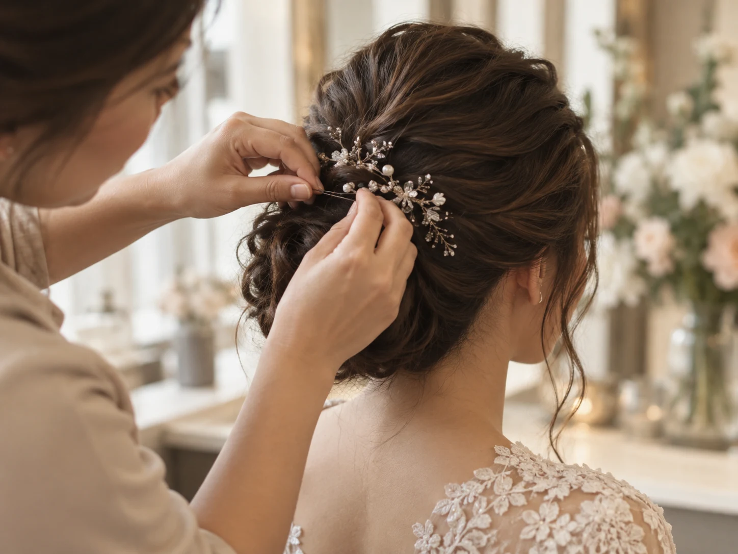 Hands pinning an intricate bridal updo