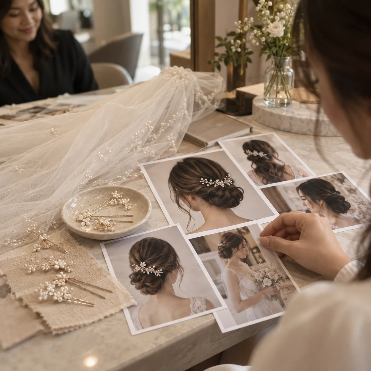 A bridal hair trial mood board with pins and a veil