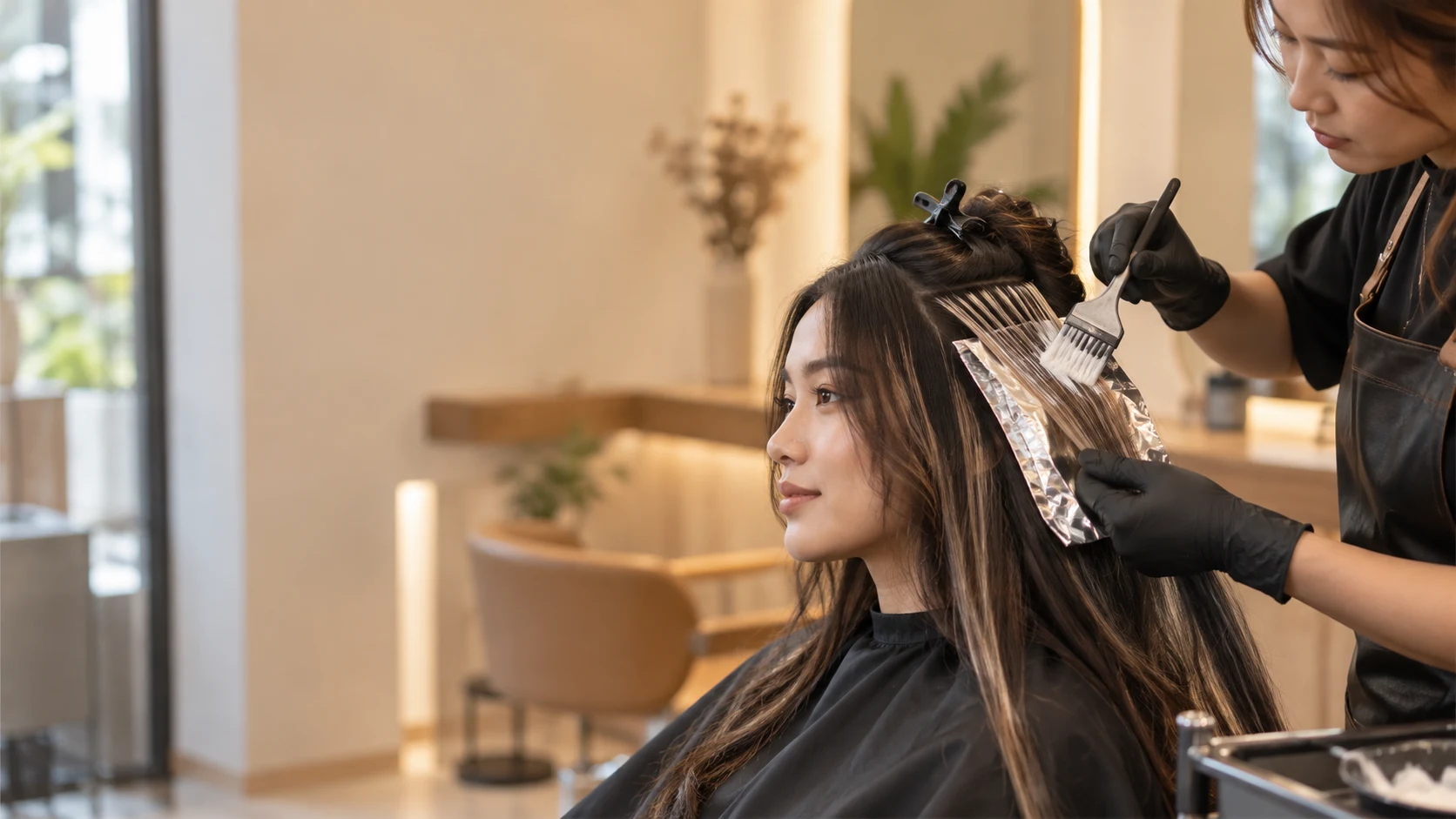 Stylist hand-painting balayage highlights onto long dark hair in an Ampang salon