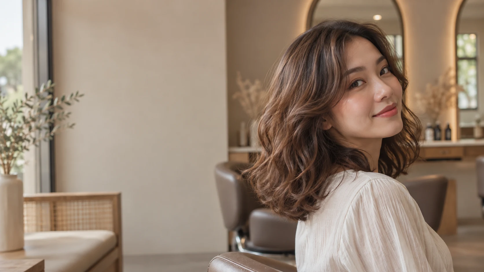 Soft bouncy digital perm waves on shoulder-length hair in natural light