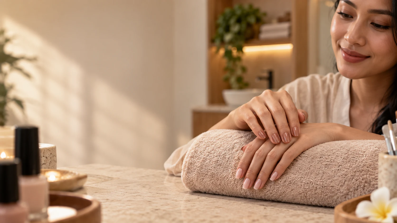 Manicured hands showing gel polish beside a classic natural manicure