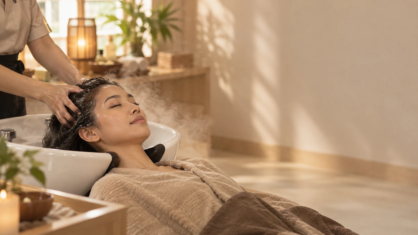 Woman relaxing during a head spa scalp massage at a reclined salon basin