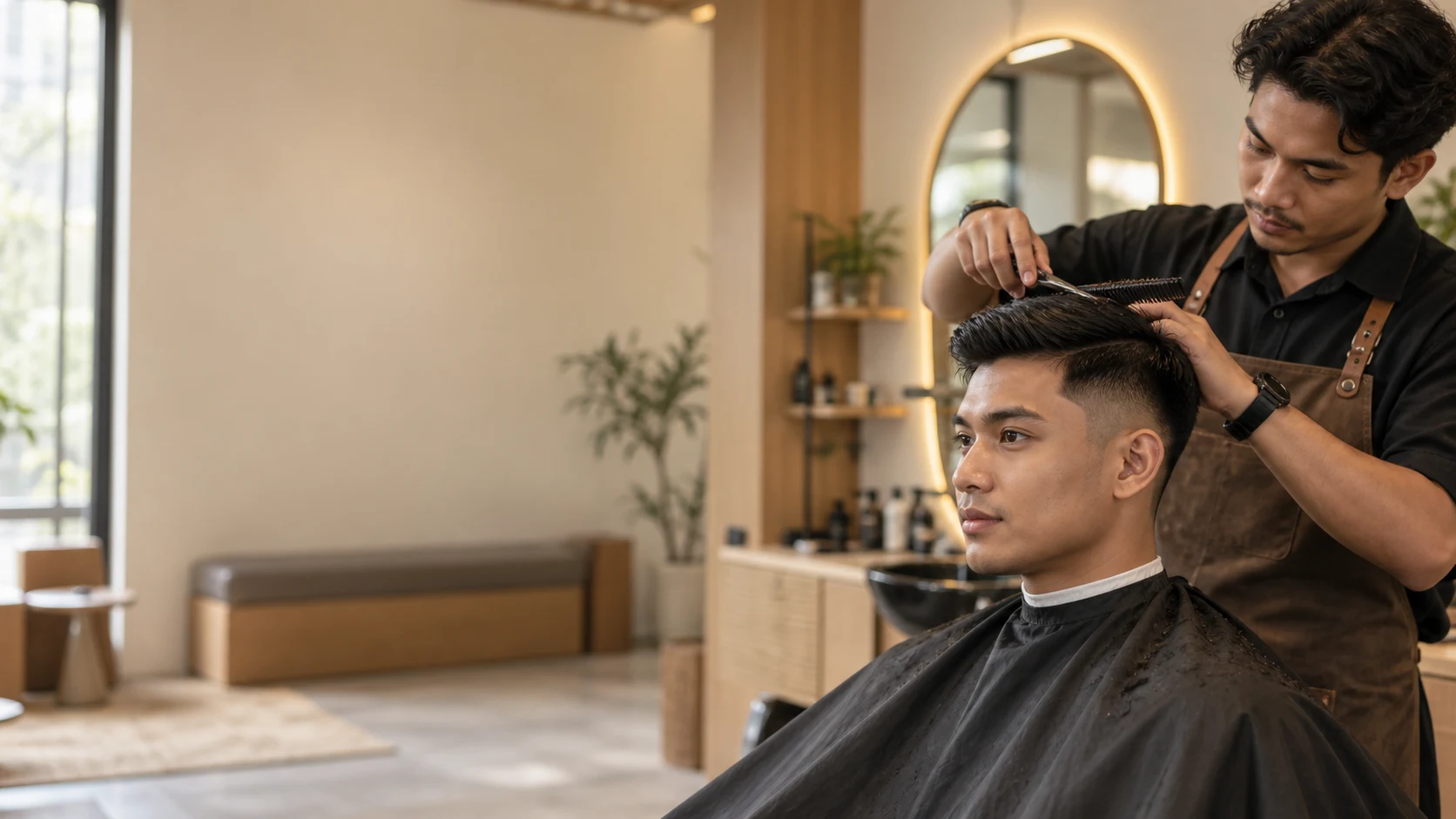 Man getting a sharp modern haircut at an Ampang salon