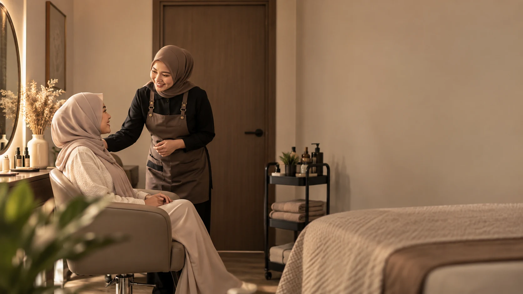 A hijabi client welcomed by a female stylist in a private Muslimah-friendly salon room in Ampang