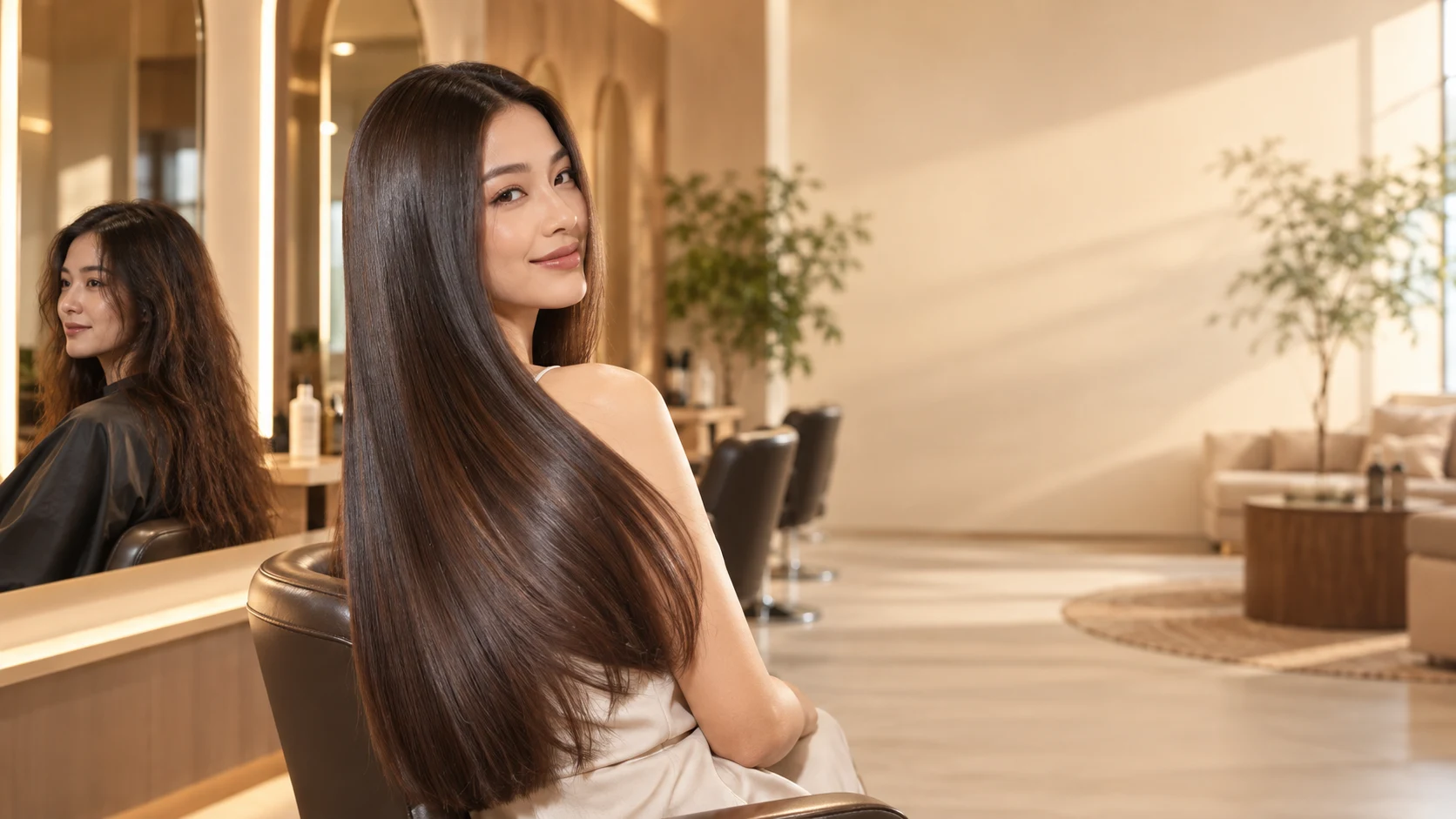 Sleek, straight glossy long hair after a smoothing treatment