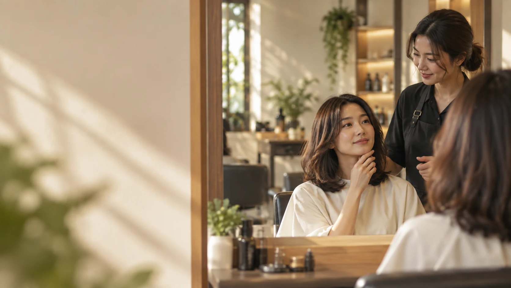Woman considering a new haircut in a salon mirror with her stylist