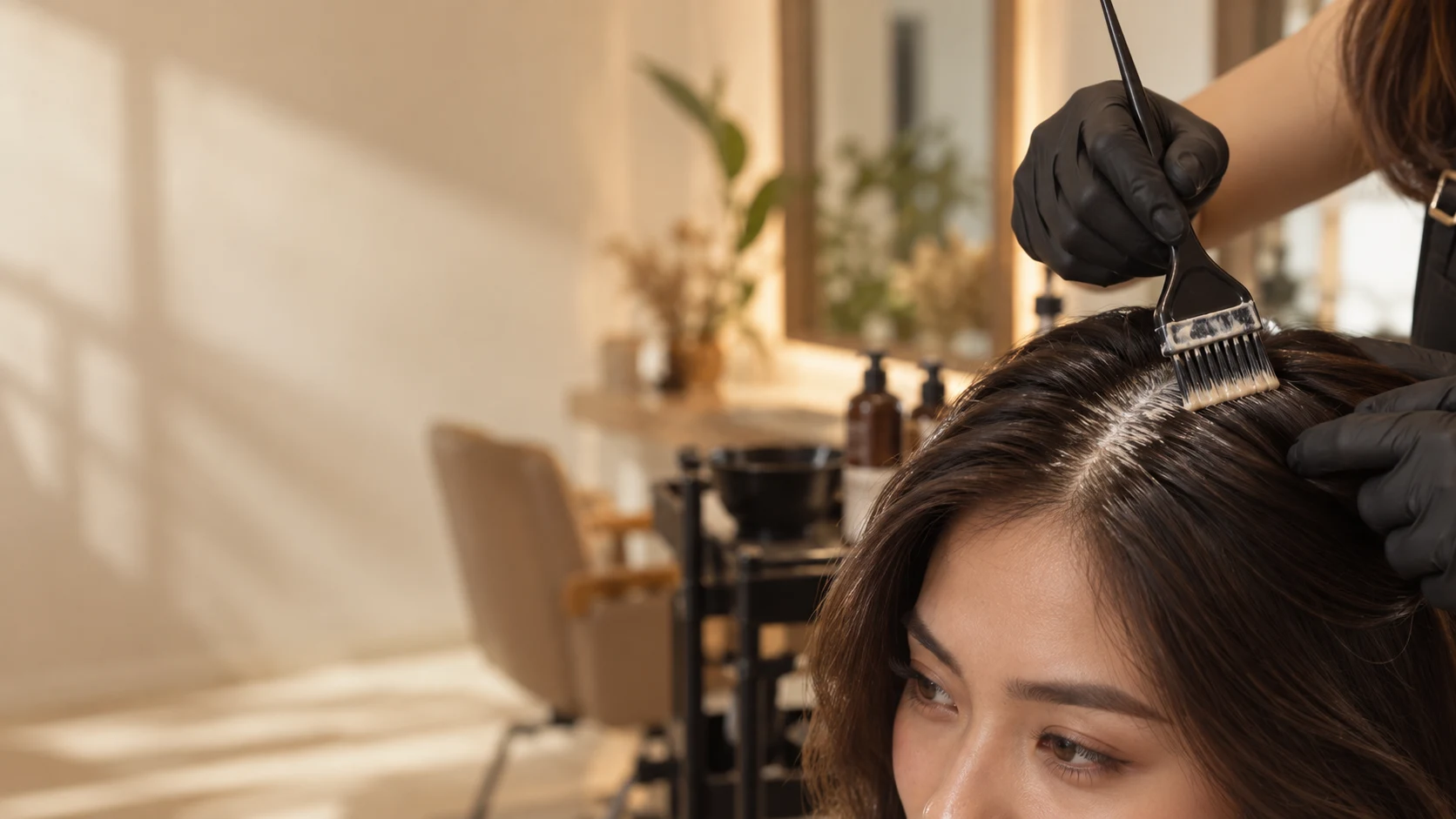 Hair colour being applied precisely to dark roots with a tint brush