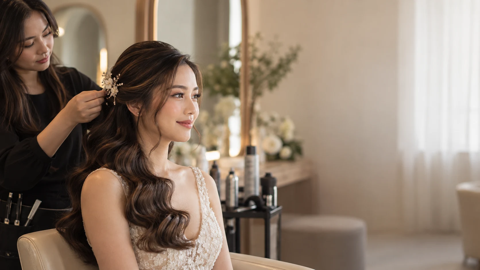 Bride with soft-wave bridal hair receiving finishing touches from a stylist in Ampang